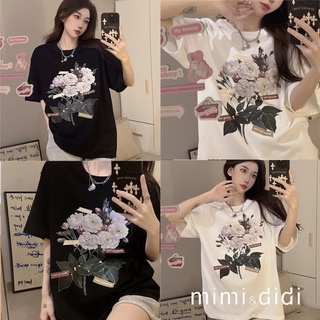 mimi&amp;didi2361เสื้อยืดแขนสั้นผู้หญิงสีขาว ฤดูร้อนใหม่ เสื้อคอกลมเอนกประสงค์ oversize t-shirt ย้อนยุค เนื้อผ้าใส่สบาย