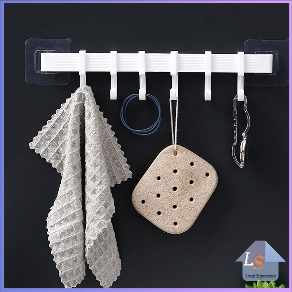 พลาสติกอเนคประสงค์ """ราวตะขอ""" แบบติดแผ่นกาว ไม่ต้องเจาะผนัง Towel rack