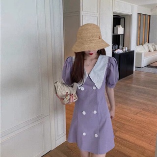 มินิเดรส‼️พร้อมส่ง 💜New in -sweet purple dress- มินิเดรสสีม่วงสวยหวาน คอปกลูกไม้ ติดกระดุมด้านหน้า ผ้าทิ้งตัวสวย ทรงสวย