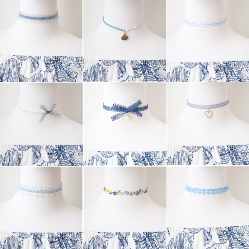 เครื่องประดับ สร้อยคอโชคเกอร์ ประดับโบว์ลูกไม้ สีฟ้า สไตล์ญี่ปุ่น และเกาหลี BST