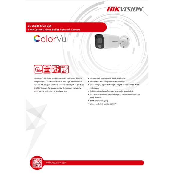 HIKVISION  กล้องวงจรปิด COLORVU 4MP DS-2CD2047G2H-LIU (eF) , DS-2CD2047G2-LU (C)  4mm//2.8mm ( 1 ตัว)