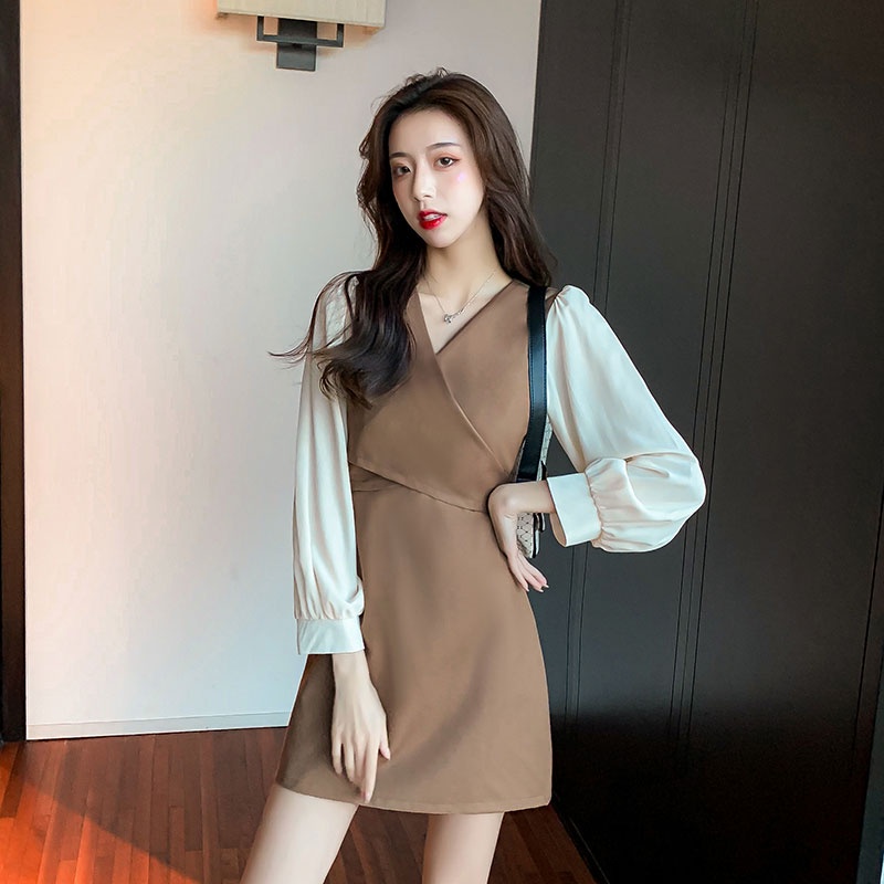 ชุดเดรสคอวีฝรั่งเศสวินเทจ ชุดเดรสคอวี แขนยาว เหมาะใส่ในฤดูใบไม้ร่วง สำหรับผู้หญิง มี 2 สี