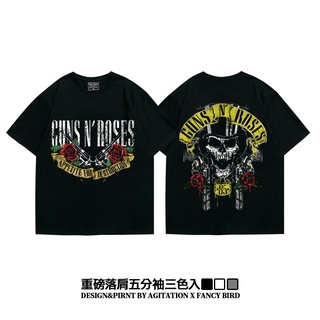 เสื้อยืดโอเวอร์ไซส์❦☎◐ins heavy guns rose American shoulder drop แขนห้าจุด oversize ผ้าฝ้ายแขนสั้น gunsrose T-shirtS-3XL