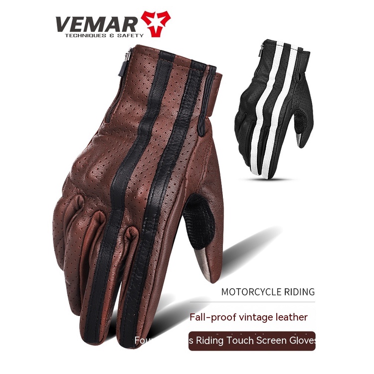 Vemar ถุงมือหนัง แบบเต็มนิ้ว ระบายอากาศ สไตล์วินเทจ สําหรับแข่งรถจักรยานยนต์วิบาก MTB