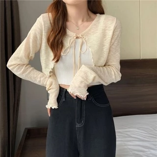Vogue​🌟​พร้อมส่ง​🌟​เสื้อคลุมไหมพรมซีทรู ดีเทลปลายหยัก ผ้าบางใส่สบาย (Q605)​ -C