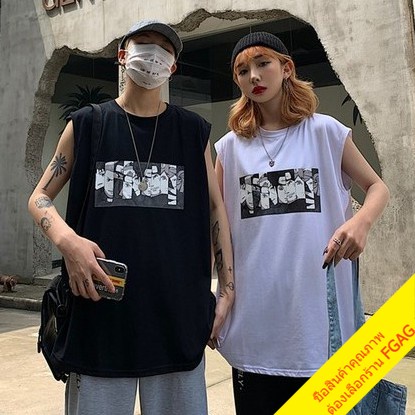 เสื้อคู่รักชายหญิงน่ารัก oversize เสื้อผ้าแฟชั่นวัยรุ่น เสื้อยืดโอเวอร์ไซส์เกาหลี สตรีทลายการ์ตูน แขนกุด วินเทจ xxl