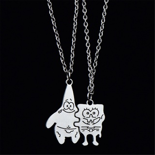 2PCS/Set Fashion Cute Silver Chain SpongeBob Cartoon Pendant Women Men Hip-hop Necklaces Jewelry