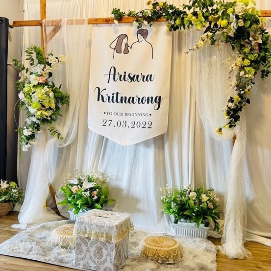 ป้ายผ้าดิบ ไม่ใช่ไวนิล ⚠️  1-2 วัน พิมพ์ลายขนาด 0.8×1.2 m. ป้ายงานแต่งงาน งานหมั้น งานผูกข้อมือ