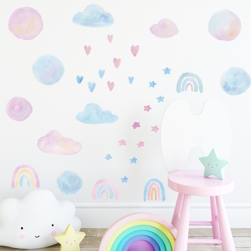 สีน้ําเมฆสายรุ้งรักห้องเด็กอนุบาลห้องนอนระเบียงตกแต่งผนังบ้านสติ๊กเกอร์ติดผนังกระดาษติดผนัง