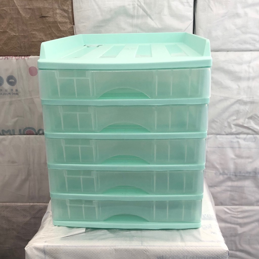 ตู้ลิ้นชัก 5 ชั้น พร้อมถาดบน สีเขียวพาสเทล รุ่น A-109-3 Organizer with upper tray two tone color Green Pastel