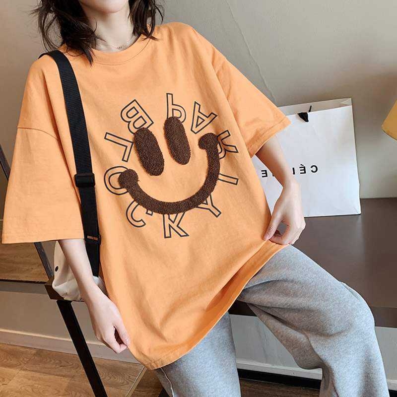 LH.Sunday เสื้อยืดโอเวอร์ไซส์งานปักรูปยิ้ม น่ารักสดใสอารมณ์ดีย์ ให้ความปังปุริเย้ไม่ซ้ำใคร