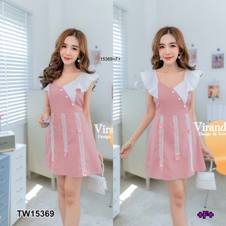 J15369 Dress เดรสทรงแขนกุด ไหล่แต่งระบาย ช่วงกระโปรงแต่งผ้าลูกไม้ขาว ติดดอกเลื่อม