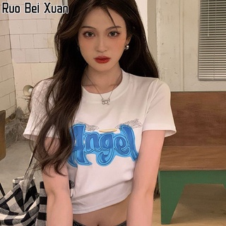 Ruo Bei Xuan เสื้อยืดแขนสั้นพิมพ์ลายตัวอักษรแฟชั่นเกาหลีสำหรับผู้หญิง