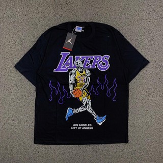 เสื้อยืด ลาย Nba LAKERS SKULL BASKETBALL PURPLE FIRE สีดํา พรีเมี่ยม