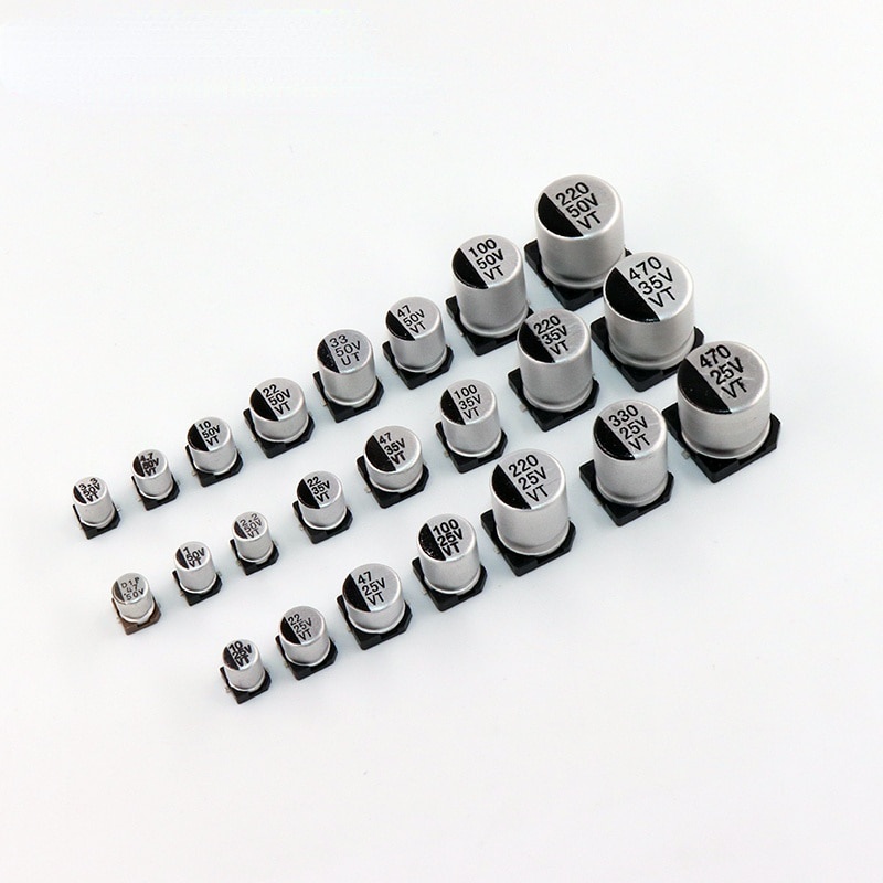 Smd ตัวเก็บประจุอลูมิเนียมไฟฟ้า 6.3V 10V 16V 25V 35V 50V 1uF 2.2UF 3.3UF 4.7UF 10UF 22UF 33UF 47UF 1