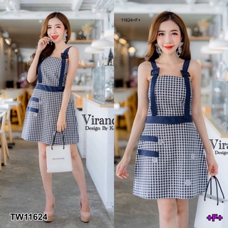 TW11624 Dress เดรสสายตะเกียบแต่งสายเข็มขัดปั้ม ทรงเข้ารูปพอดีตัว เนื้อผ้าทอลายสก็อต ช่วงล่างแต่งดอกไม้