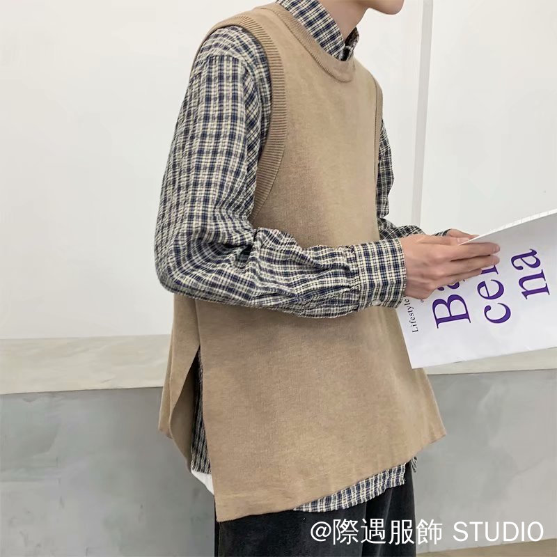 เสื้อกันหนาวเสื้อกั๊ก ฤดูใบไม้ร่วงฤดูหนาวสไตล์ถักเสื้อกั๊กสีกากีสบายๆทุกการแข่งขันหลวมสไตล์ฮ่องกงเสื้อกั๊กเสื้อกันหนาวชายหญิงคู่เสื้อกั๊กอินเทรนด์แยกถักเสื้อกั๊กกระโหลกสไตล์คอกลมถัก - รูปที่ 2