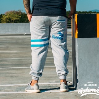 JOGGER STREET ขายาวผ้าวอม สีเทาอ่อน แถบฟ้าขาว WT 609 BLUE