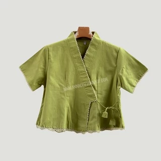 เสื้อผ้าฝ้ายผู้หญิง ซอมพอป้ายผูกข้าง แขนสั้นถักมือฝีมือ สวมสบายได้ทุกฤดู ใส่ทำงาน ใส่เที่ยวชิลชิล ดูเรียบร้อยสวยน่ารัก