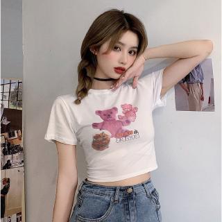 Bear printed short sleeve T-shirt womens summer 2020 new Korean slim open navel short top