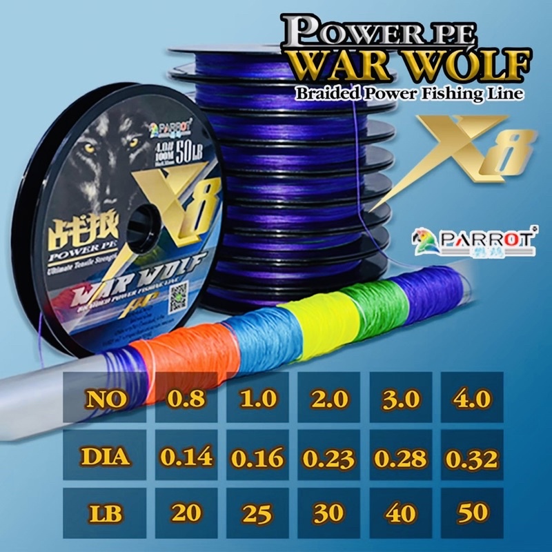 สายพีอี,PE PARROT รุ่น WAR WOLF ถัก8 สีมัตติคัลเลอร์ ยาว 100 เมตร/ม้วน เป็นม้วนต่อเนื่อง