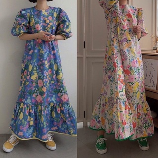 พร้อมส่ง 🥐🥂  retro flora dress C2750 เดรสยาวฟอร่า เดรสยาวฟอร่าระบายปลาย มี 2 สี น้ำเงิน เบจ