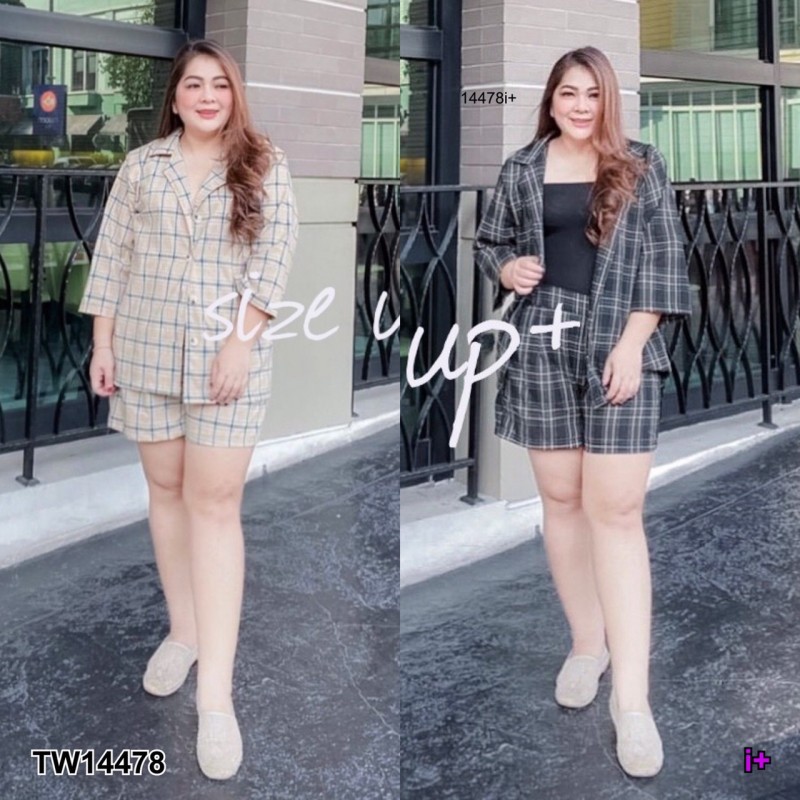 JK14478 Set #BigSize เสื้อสูทแขนสามส่วน+กางเกงขาสั้น ลายสก็อต***กรุณาแชทสอบถามก่อนสังซื้อ***