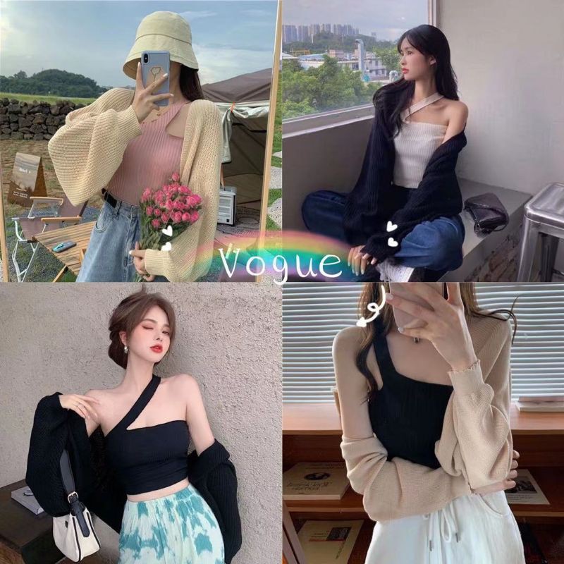 Vogue พร้อมส่ง เสื้อคลุมไหมพรม แยกขาย สายเดี่ยวเฉียง​แซ่บสุด ร้านโว๊ก​ ( เสื้อคลุม1856-C /สายเดี่ยว98023 )​