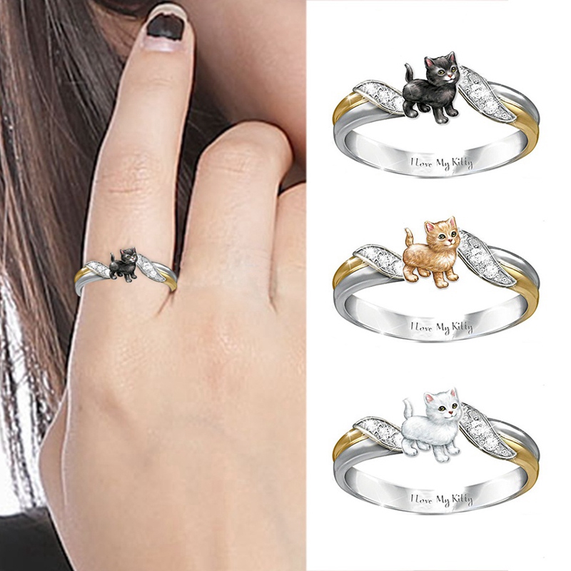 I Love Kitty Silver Romance White Diamond Rings Cute Bear Cat Ring ...