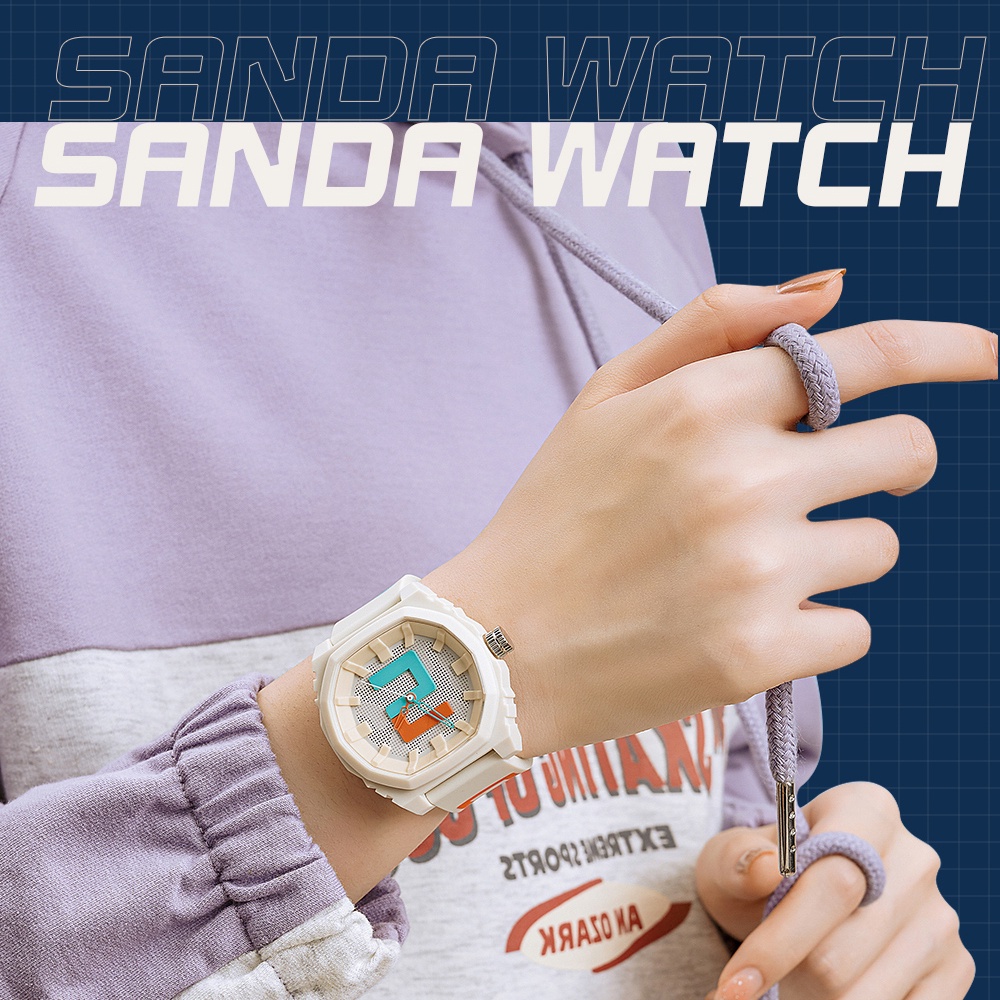 Sanda Explosion Model Pixel Neutral Wind นาฬิกาข้อมือควอตซ์แฟชั่น กันน้ํา สีพื้น สําหรับ Unisex 3206-5