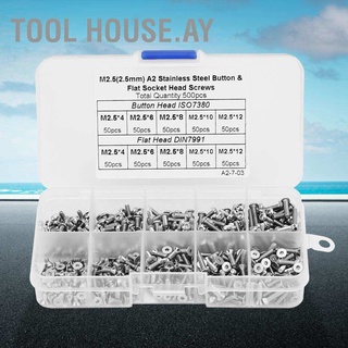 Tool House.ay 500pcs 1 Box M2.5*4M2.5*6M2.5*8M2.5*10M2.5*12 Button/Flat Head Hex Socket Screw Set