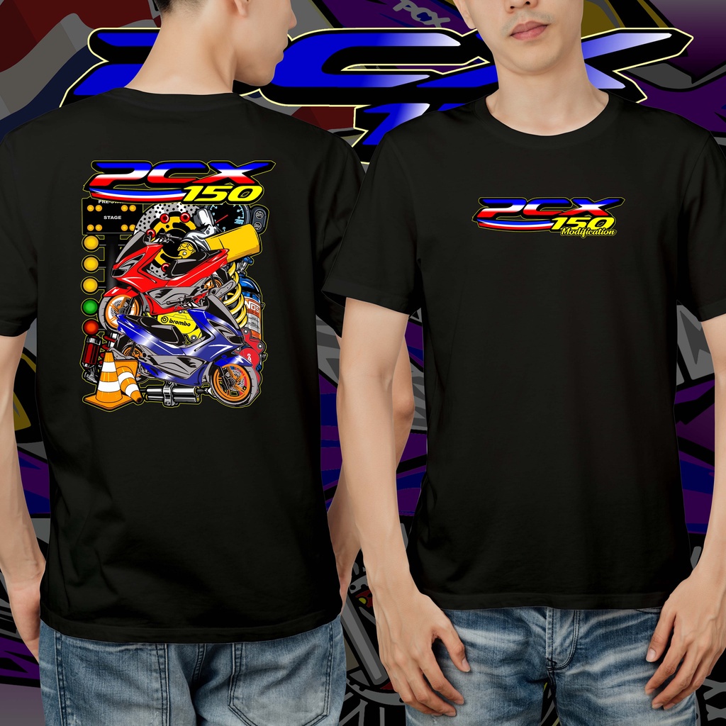 คอตต้อนคอกลมDistro เสื้อยืด ลาย Honda PCX 150 CBU Thailook Racingstyle - Black White NAVY Premium คุ