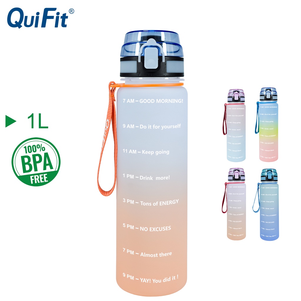 Quifit ขวดน้ํำ 1 ลิตร พร้อมตัวบอกเวลา ปลอดสาร BPA สําหรับเล่นกีฬา