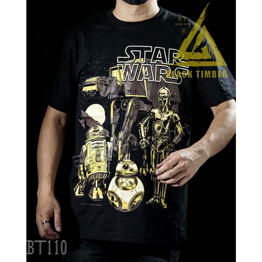 เสื้อยืดคอกลมBT 110 Star wars R2D2 Robot เสื้อยืด สีดำ BT Black Timber T-Shirt ผ้าคอตตอน สกรีนลายแน่