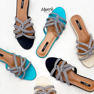 MarchShoes Zara Sandals รองเท้าแตะส้นเตี้ย ผ้าไหม ประดับเส้นคริสตัล มีพื้นยางกันลื่น