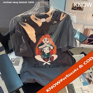 KNOW#เสื้อยืดผู้หญิงฤดูร้อน แขนสั้น เสื้อยืดคอกลม สีเทา ลายน่ารัก สไตล์วินเทจ เนื้อผ้านุ่มๆ เด้งๆ#2350