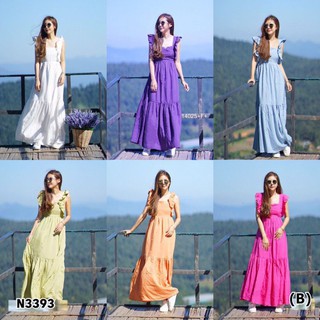 Maxi Dress เดรสยาว คอเหลี่ยม ดีเทลระบายแขน ด้านหลังดึงยาง มีผูกโบว์