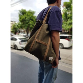 New Olive Washed Canvas Drawstring Bag / Tote bag กรเป๋าผ้า มีเชือกรูดปิดปากกระเป๋า สายยาวคล้องไหล่ได้Underlinebags