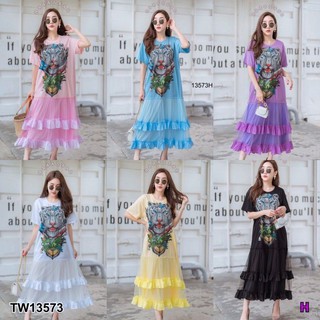 &lt;TW13573&gt;Maxi Dress เดรสยาว คอกลม แขนสั้น ช่วงบนเนื้อผ้าคอตตอน สกรีนลายหน้าเสือสกรีน 3D เรืองแสง กระโปรงใส่ซับ