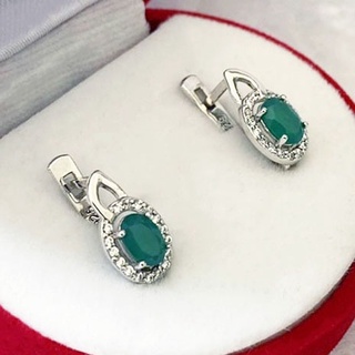 N6415 ต่างหูพลอยโมราแท้ ( Chrysoprase ) แบบอิงลิชล็อค ตัวเรือนเงินแท้ 925 ชุบทองคำขาว