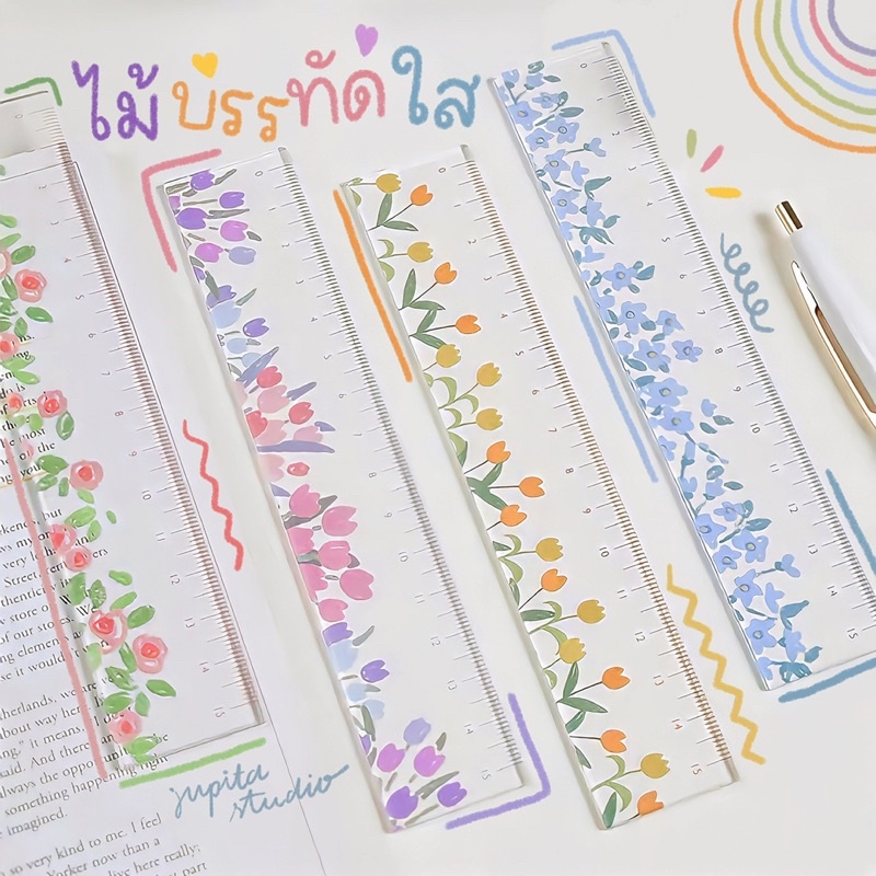 ไม้บรรทัดใส🔖 💖15 cm ลายดอกไม้🌷น่ารัก พาสเทล เครื่องเขียน #พร้อมส่ง🎀