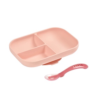 Beaba ชุดจานซิลิโคนก้นดูด Silicone suction divided plate with spoon - Pink