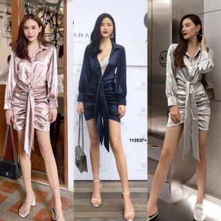เดรสแขนยาวกระดุมหน้า ปกเชิ้ต  มีโบว์ผูกด้าน