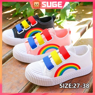 【Suge】รองเท้าผ้าใบลําลอง ส้นแบน สีรุ้ง สําหรับเด็กผู้ชาย ผู้หญิง ไซซ์ 27-38