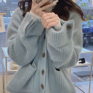 【COD】Mori s first love milk blue soft waxy sweater cardigan Korean version cufflinks large pocket knitte
