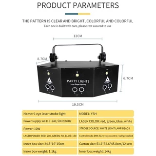 รีโมทคอนโทรล 9 ดวง Dj party RGB Laser Strobe 2 In 1 สําหรับงานปาร์ตี้ ไฟเลเซอร์ ไฟเลเซอร์ RGB ไฟเลเซอร์ปาร์ตี้ ไฟบาร์