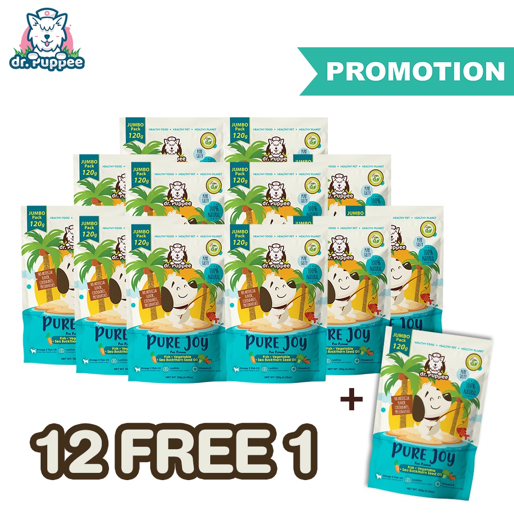 (12แถม1) PURE Joy ขนมเพียวจอย สูตรปลา+ผัก3สี บำรุงขน ลดการอักเสบของผิวหนัง (120gx13ห่อ)