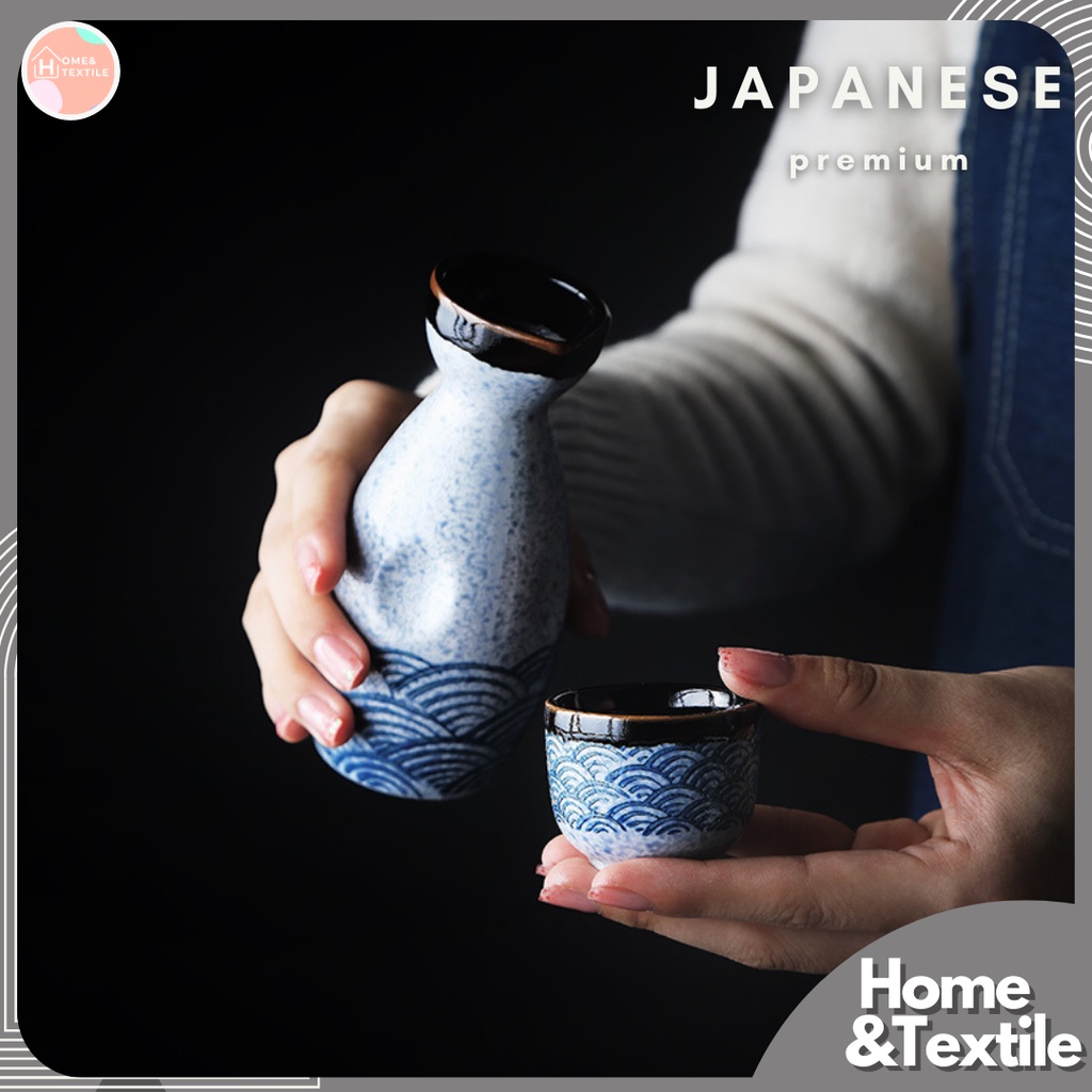 【Premium Japanese】พร้อมส่ง ขวดชา ขวดสาเก พร้อมแก้ว ลายคลื่นญี่ปุ่นเนื้อหนาพรีเมี่ยม