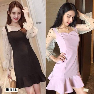 Dress เดรสคอเหลี่ยม แต่งระบาย แขนลายจุดซีทรูผ้าชีฟอง