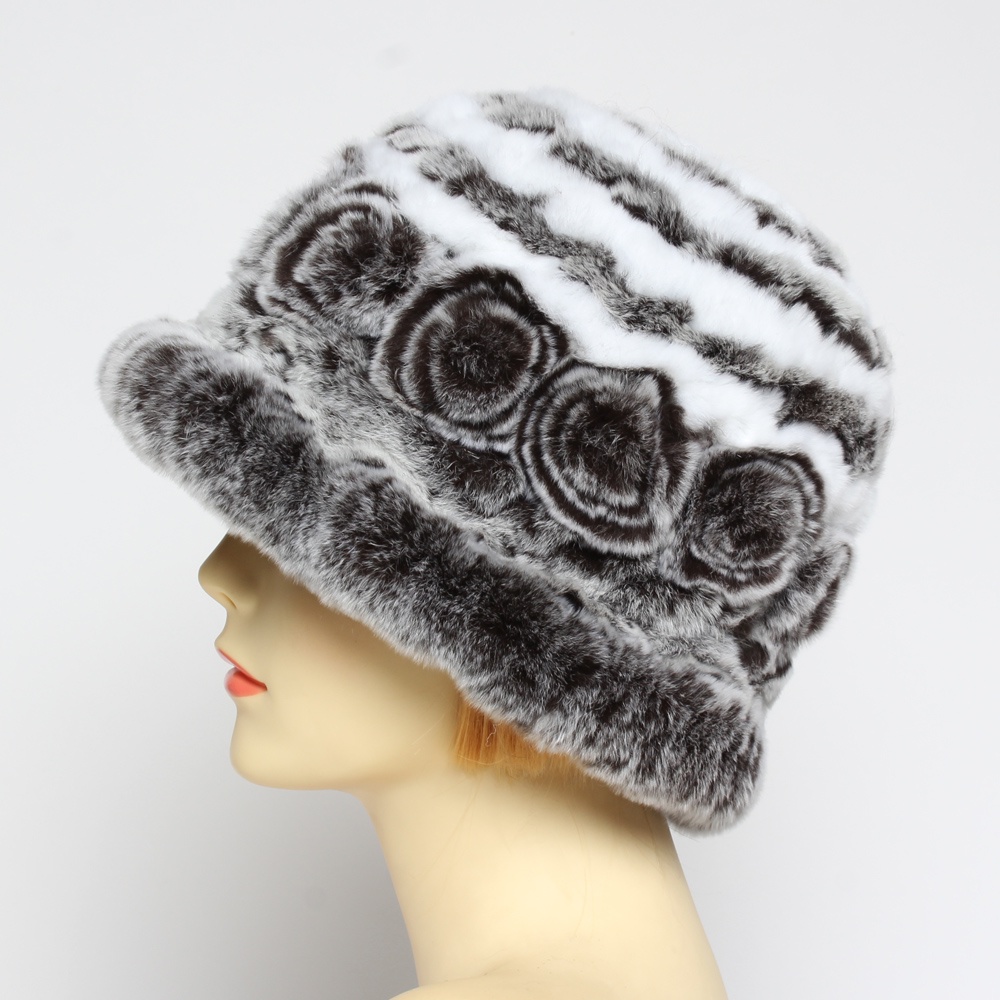 Winter Women Luxury Flowers Natural Real Rex Rabbit Fur Caps Lady ...
